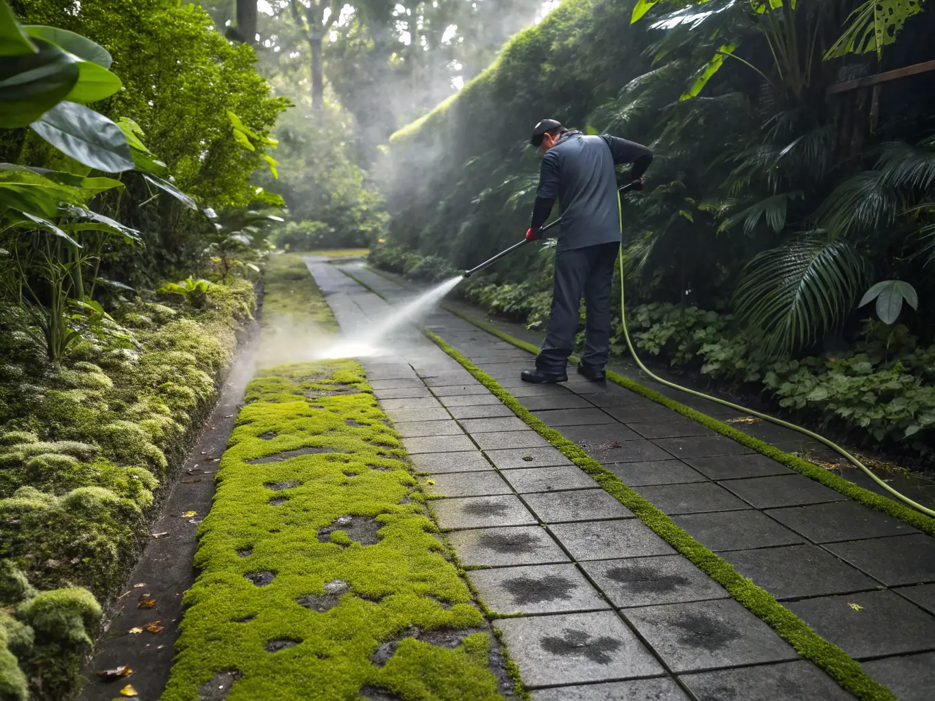 A pathway covered in moss and algae being power washed, showcasing the removal of slippery substances and the restoration of the path's original surface.