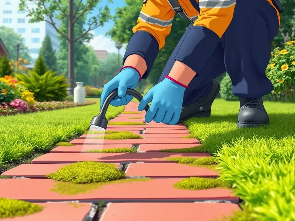 A technician applying a moss and algae treatment to a brick pathway, with visible signs of moss discoloration and removal, emphasizing the eco-friendly nature of the treatment.