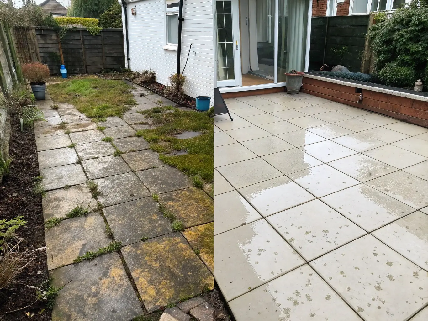 An image showing a before-and-after comparison of a driveway cleaned to a pristine finish, with a focus on the surface's transformation.