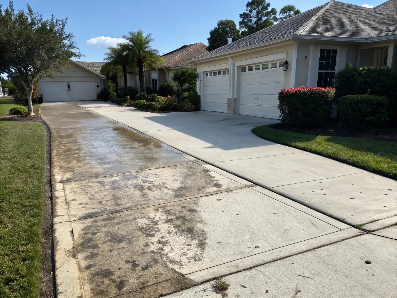 A before-and-after shot of a driveway with oil stains, showcasing the effectiveness of Driveway Clean's stain removal service, with a clear contrast between the stained and cleaned areas.