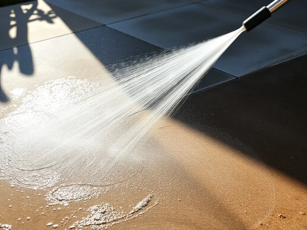 A high-pressure water jet cleaning a heavily soiled concrete driveway, removing years of accumulated dirt and grime, with a focus on the immediate area being cleaned and the contrast between the clean and dirty sections.