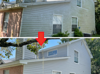 Image of house showing dirty exterior prior to cleaning, and result after cleaning.