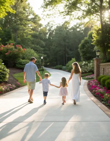 A family happily walking on a clean, well-maintained driveway, symbolizing the peace of mind and pride that comes with a clean and safe property.